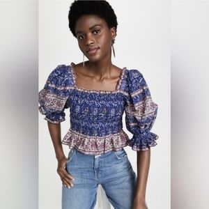 Sea Rosita Border Puff Sleeve Smocked Top, xs